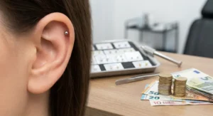 Kolczyk helix w chrząstce ucha, a w tle banknoty i monety euro oraz akcesoria do piercingu.