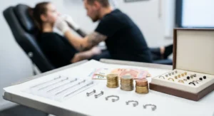 Igły, biżuteria i monety na tacy zabiegowej, w tle piercer wykonujący przekłucie w okolicach ust.