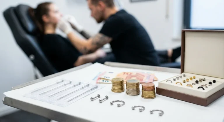 Igły, biżuteria i monety na tacy zabiegowej, w tle piercer wykonujący przekłucie w okolicach ust.