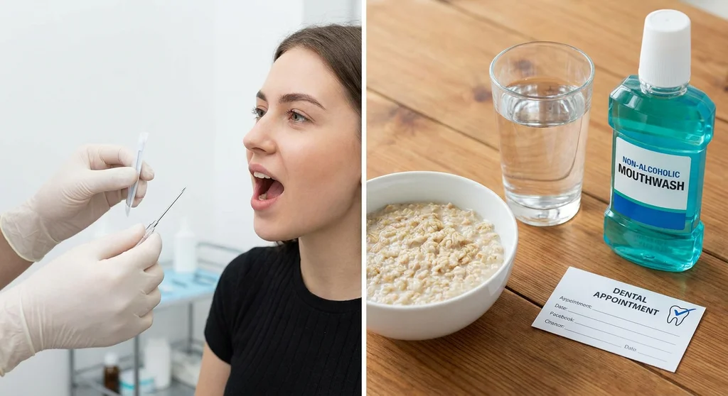 Zabieg przekłuwania języka oraz elementy przygotowania: posiłek, bezalkoholowy płyn do ust i wizyta u dentysty.