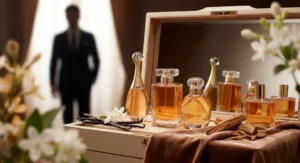 Flakony perfum obok wanilii, jaśminu i drewna sandałowego. W tle rozmyta sylwetka eleganckiego mężczyzny.