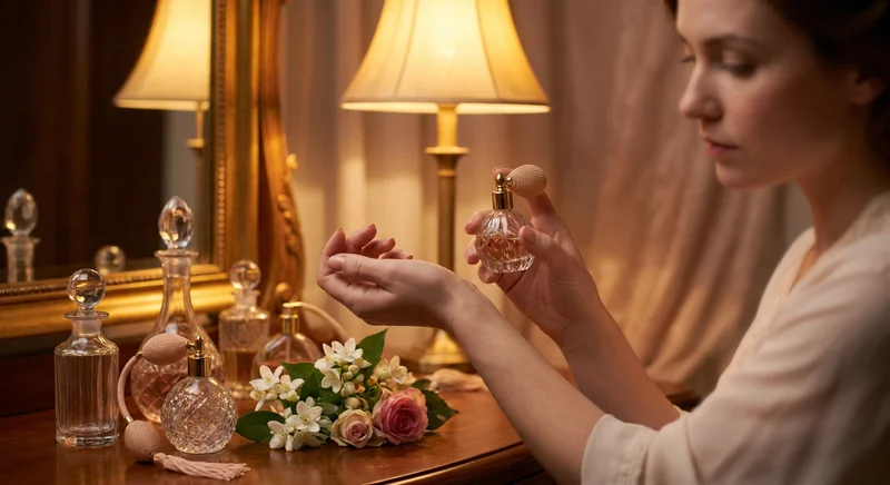 Kobieta aplikująca perfumy z ozdobnego flakonu na nadgarstek przy toaletce w ciepłym, nastrojowym świetle.
